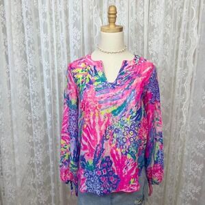 Lilly Pulitzer Colby Silk Clip Top Rainbow Soleil Blouse Pink XXS EUC‎ Designer